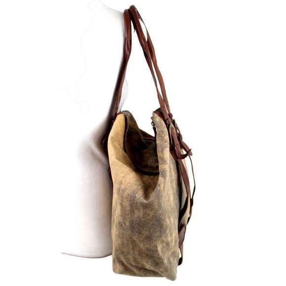 LARGE KiliKili BROWN BEIGE GENUINE LEATHER CANVAS SHOULDER BAG HANDBAG TOTE HOBO - Picture 2 of 14
